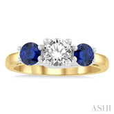 4.65 MM Round Shape Sapphire and 3/4 Ctw Past, Present and Future Round Cut Diamond Precious Ring in 14K Yellow and White Gold